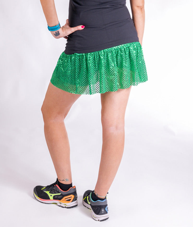Rear view Model wearing Green Sparkle Running Skirt with shorts underneath