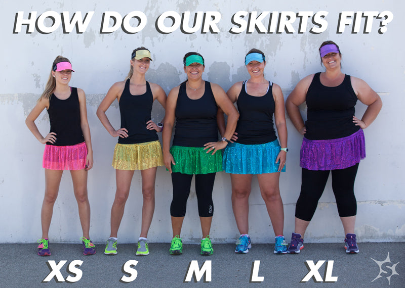 skirt sizing chart with five women models in skirt sizes XS S M L XL