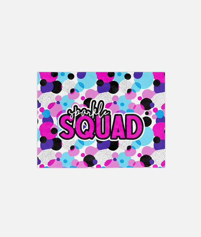 minky blanket with 2023 sparkle squad design polka dots blue pink purple black white