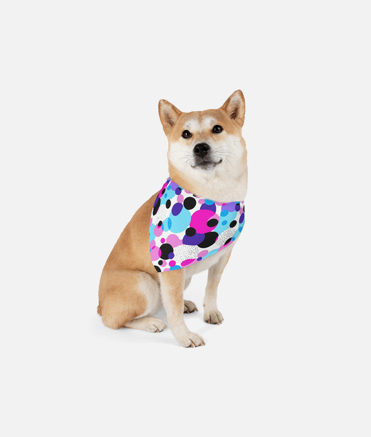 dog with bandana with 2023 sparkle squad design polka dots pink blue purple