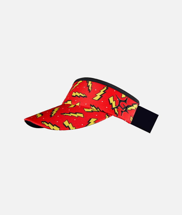 Headsweats running visor with red background and yellow lightning bolts.