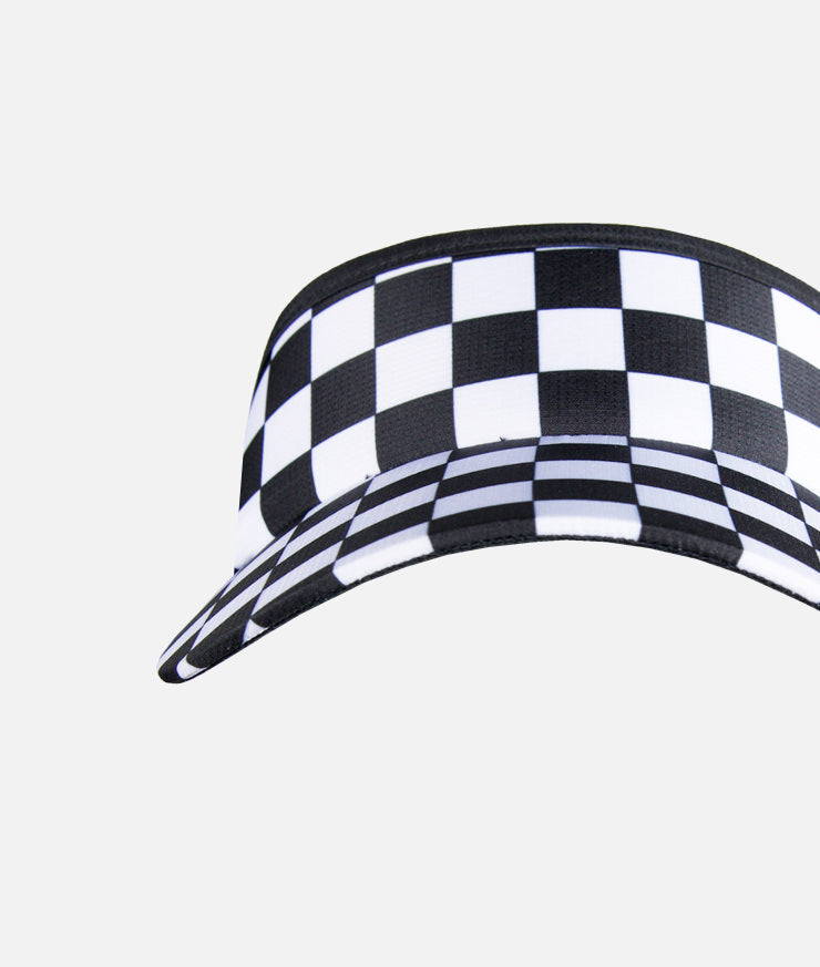 Headsweats running visor with black and white checkerboard background.