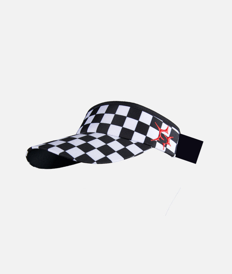 Headsweats running visor with black and white checkerboard background.
