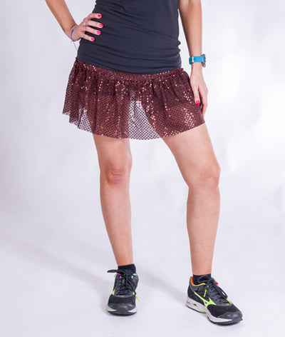 Model wearing Brown Sparkle Running Skirt