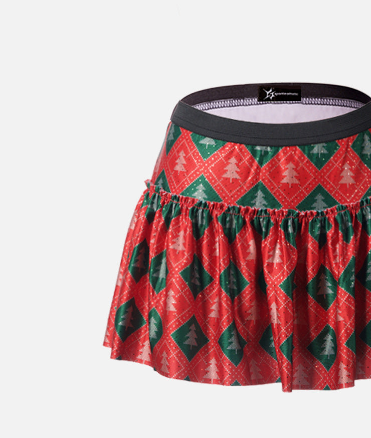 Red and Green Argyle with Christmas Trees Sparkle Running Skirt
