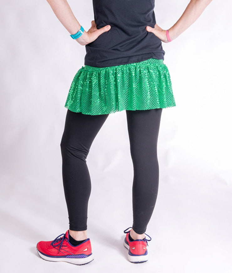 Rear view Model wearing Green Sparkle Running Skirt with Crops underneath