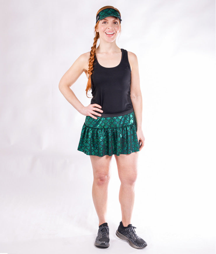 Model wearing Green Mermaid Sparkle Running Skirt