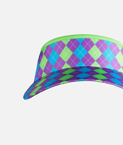 Headsweats running visor with purple, turquoise and lime green argyle print.