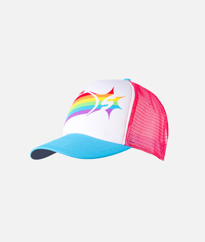 side view trucker hat with rainbow and phrase Be Awesome and Sparkle Athletic logo