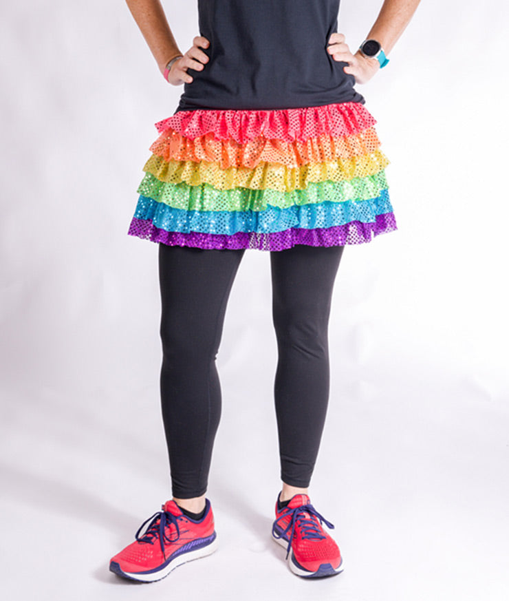 Neon Rainbow Ruffle Sparkle Running Skirt