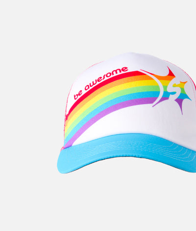 trucker hat with rainbow and phrase Be Awesome and Sparkle Athletic logo