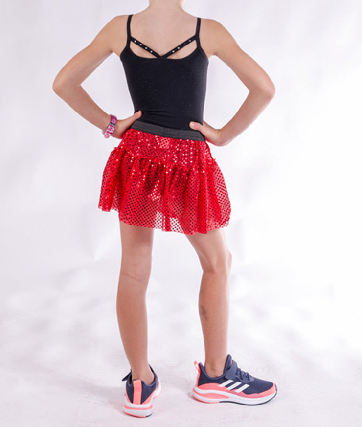 red sparkle running skirt on junior model back view