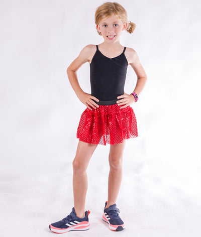 red sparkle running skirt on junior model front view