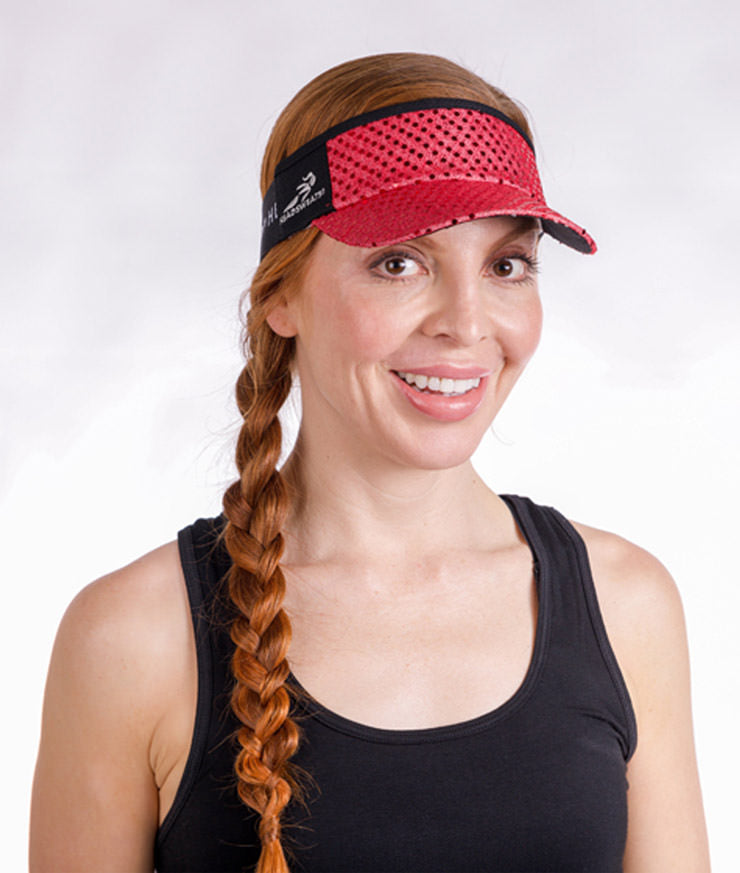 red sparkle Headsweats running visor on model