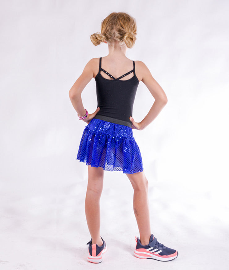 back view of royal blue sparkle running skirt on junior girl