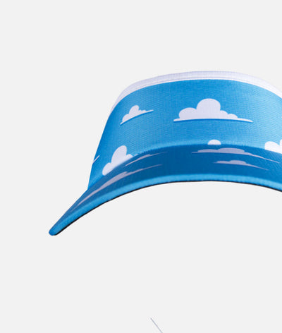 Headsweats running visor with pale blue background with white clouds.