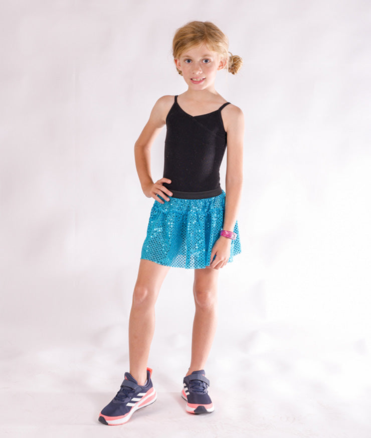 turquoise blue sparkle running skirt on junior girl