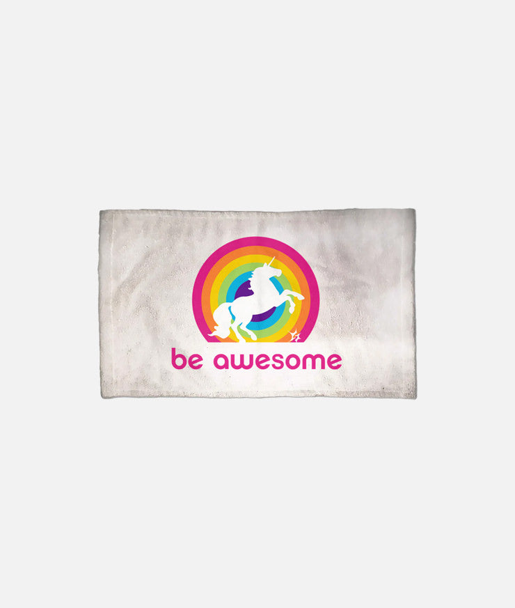 White Workout Towel with Unicorn and Rainbow with Be Awesome